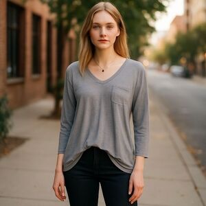 DKNY Gray V-Neck Long Sleeve Blouse | Size Large | Minimalist Classic Style NWOT